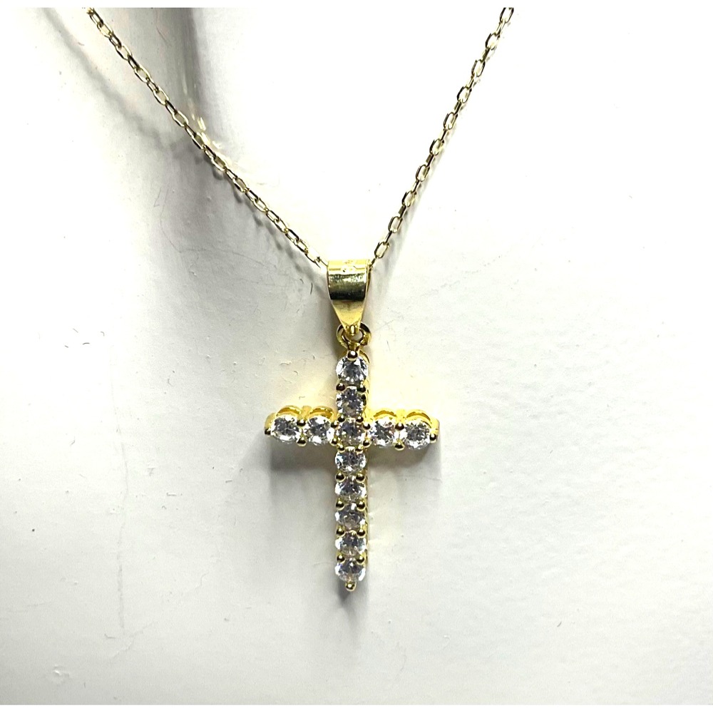 ITALY GOLD OVER 925 STERLING SILVER RHINESTONE CROSS 18" NECKLACE